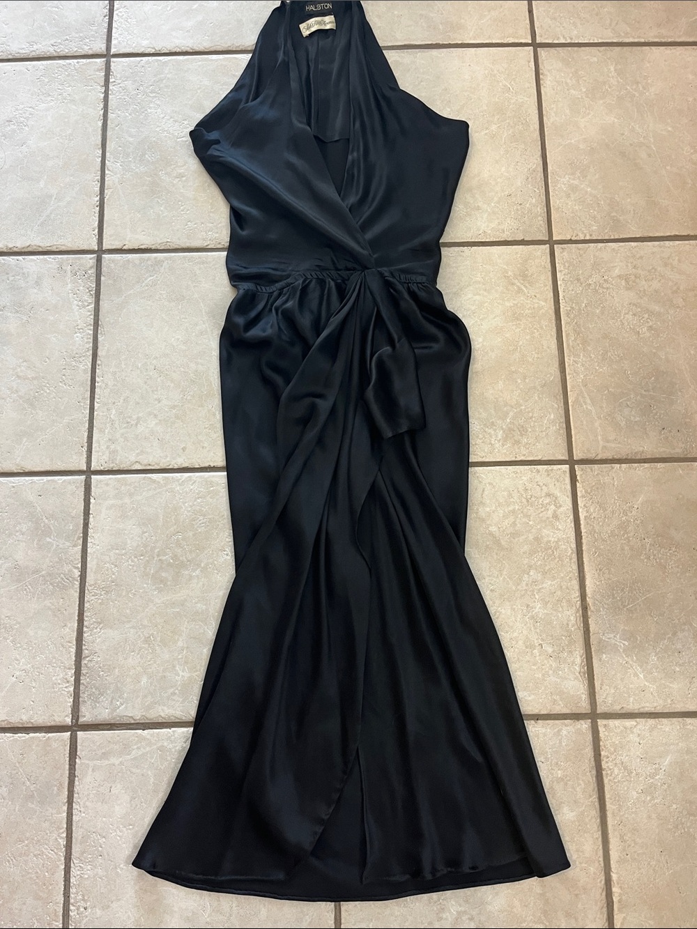 Vintage Halston Black Satin plunging neck Maxi Dress